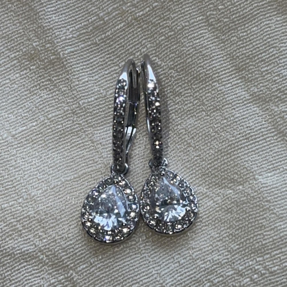 Silver false diamond droop earrings